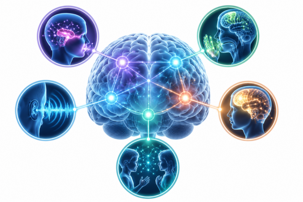 illustration of a human brain connected to five interconnected systems