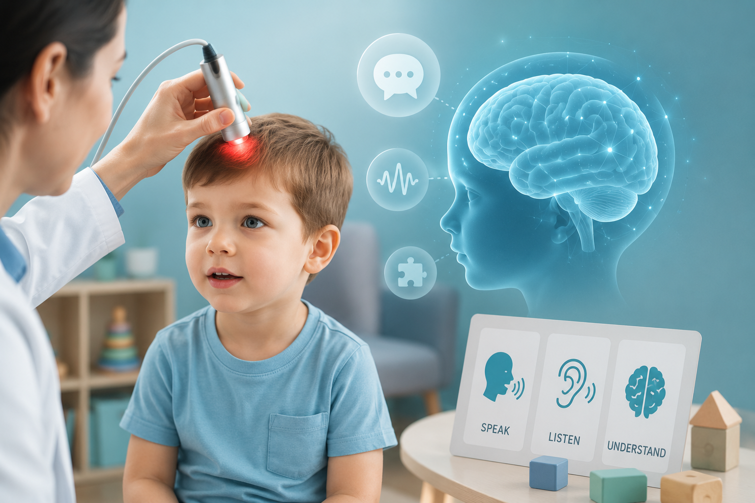 Illustration of low-level laser therapy and brain development concepts in a child with speech delay
