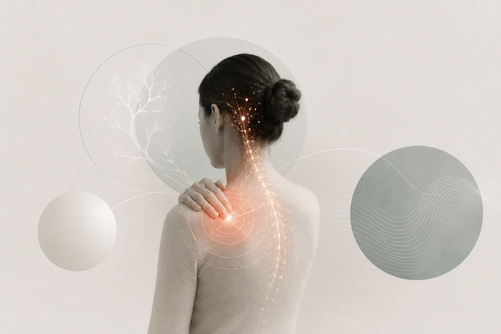 Illustration of the nervous system extending through the neck and spine with highlighted shoulder discomfort, representing persistent pain and nervous system sensitization.