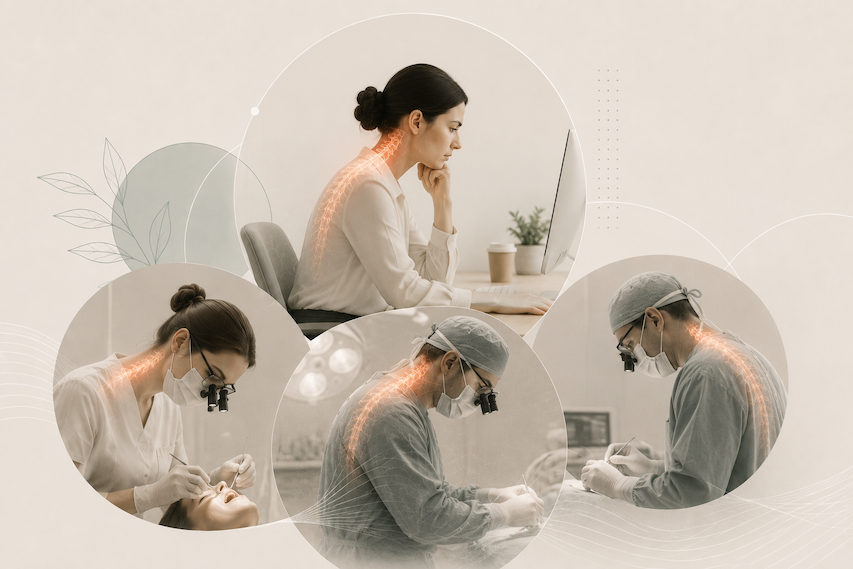 Office worker, dental professional, and surgeon maintaining prolonged static postures with highlighted neck and upper back muscle strain.